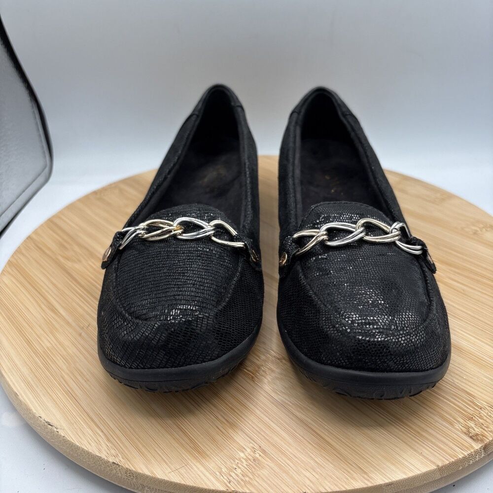 Vionic Alda Slip On Loafers Black Lizard Embossed Leather Silver Chain Sz 7.5